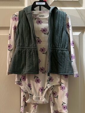 Carter's Floral Bodysuit with Quilted Hooded Vest - White, Purple, Green